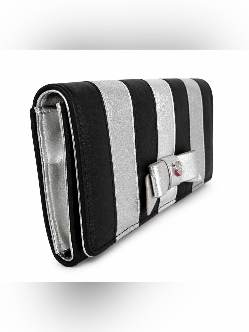 Betsey Johnson Black Silver Striped Bow Wallet Clutch Heart Logo NWT - Picture 2 of 4